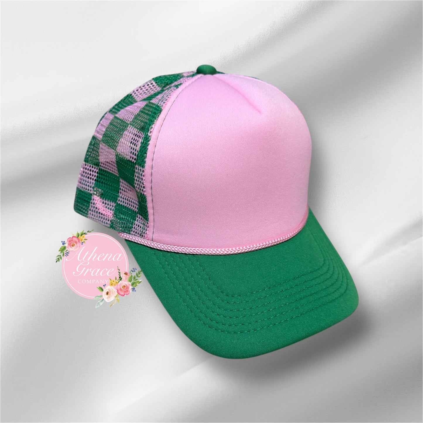 Pink Hat with Green Checkered Mesh