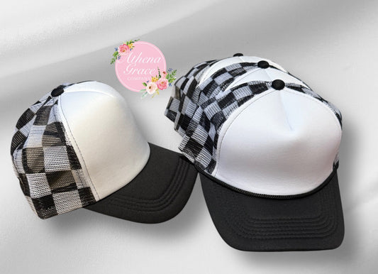 Black and White Hat with Checkered Mesh