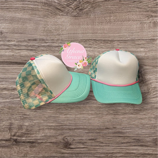 Light Teal Hat with Checkered Mesh