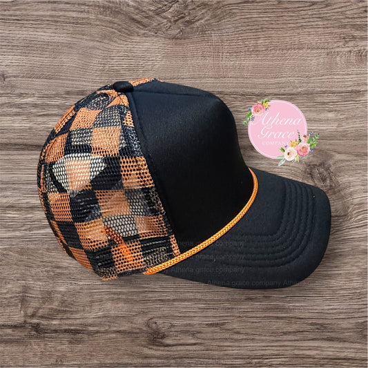 Black Hat with Orange Checkered Mesh