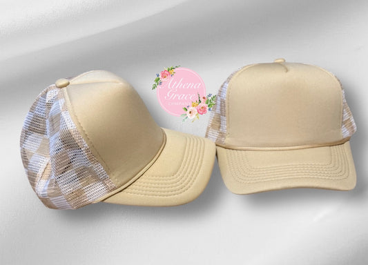 Tan Hat with Checkered Mesh