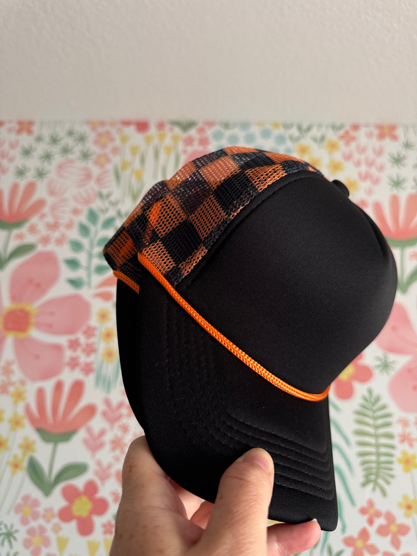 Black Hat with Orange Checkered Mesh