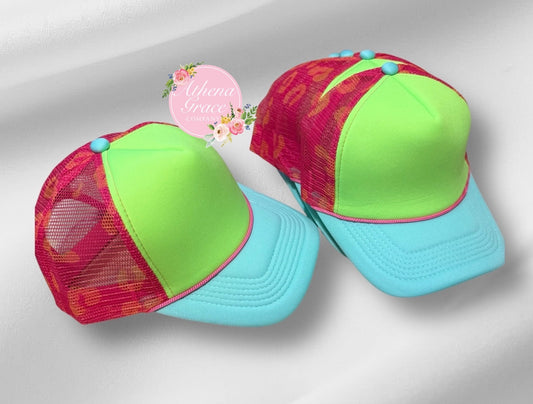 Neon Pink and Green Hat with Cheetah Mesh