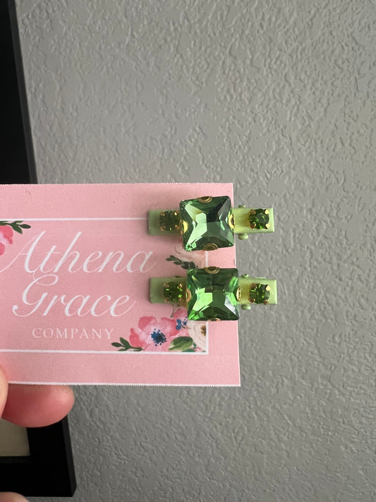 2 Green rhinestone hair clips