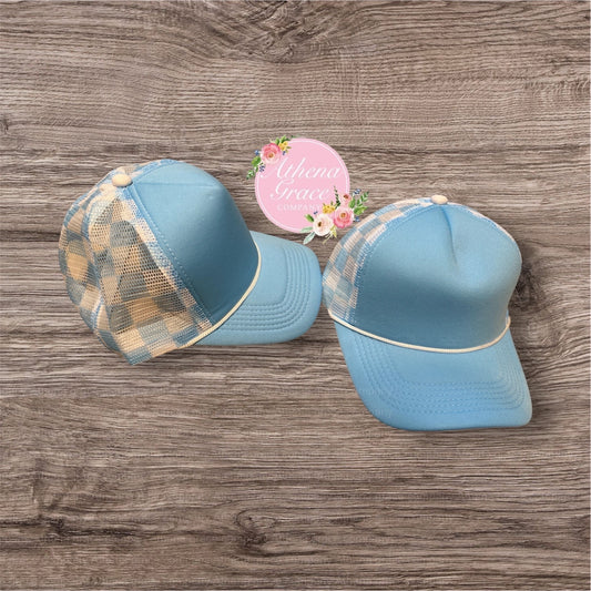 Light Blue Hat with Checkered Mesh