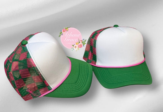 Pink and Green Hat with Checkered Mesh