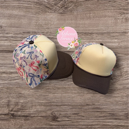 Tan Hat with Bow Mesh