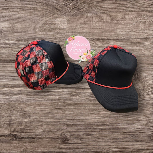 Black Hat with Red Checkered Mesh